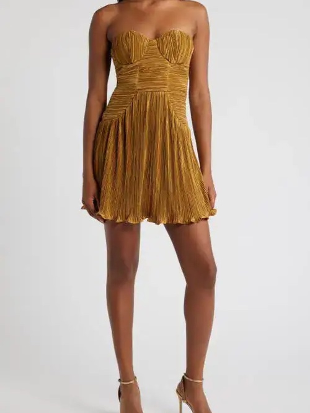Lulu’s Deeply Glamorous Gold Plisse Strapless Drop Waist Pleated Mini Dress M